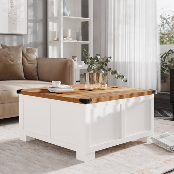 Emma + Oliver Farmhouse Coffee Table with Clamshell Style Hinged Table Top and Hidden Storage, White Frame/Rustic Oak Top