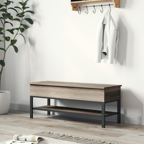Emma + Oliver Farmhouse Entryway Bench with Hinged Lift Top Seat in Gray Wash