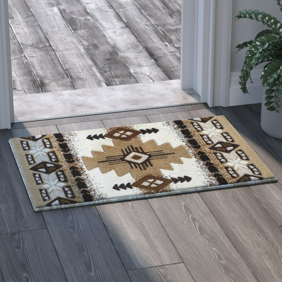 Emma + Oliver Fe 2x3 Ivory Olefin Accent Rug with Complementary Southwestern Pattern in Beige, Black and Brown and Jute Backing