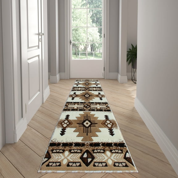 Emma + Oliver Fe 2x7 Ivory Olefin Accent Rug with Complementary Southwestern Pattern in Beige, Black and Brown and Jute Backing