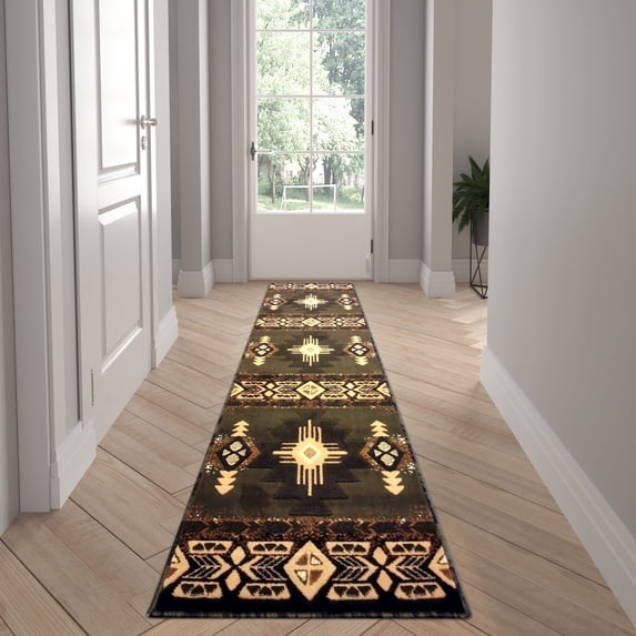 Emma + Oliver Fe 2x7 Sage Olefin Accent Rug with Complementary Southwestern Pattern in Beige, Black and Brown and Jute Backing