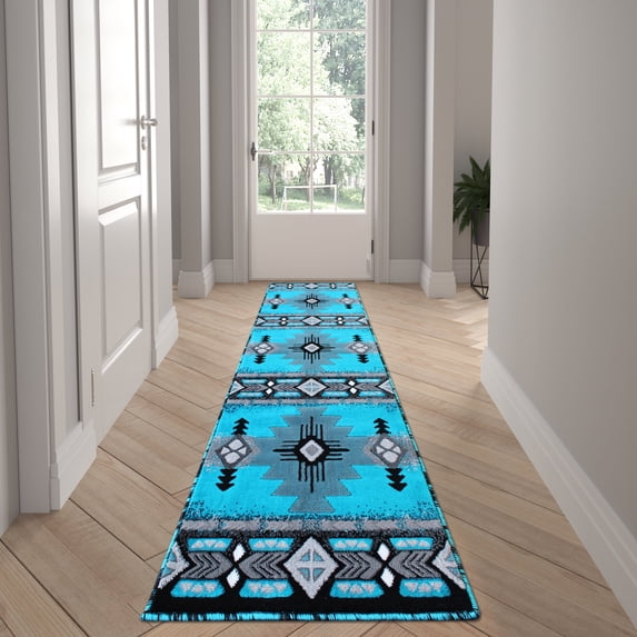 Emma + Oliver Fe 2x7 Turquoise Olefin Accent Rug with Complementary Southwestern Pattern in Beige, Black and Brown and Jute Backing