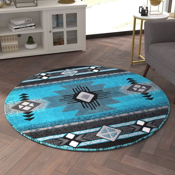 Emma + Oliver Fe 5x5 Round Turquoise Olefin Accent Rug with Complementary Southwestern Pattern in Beige, Black and Brown and Jute Backing