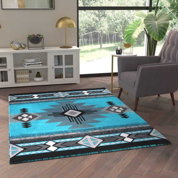 Emma + Oliver Fe 5x7 Turquoise Olefin Accent Rug with Complementary Southwestern Pattern in Beige, Black and Brown and Jute Backing