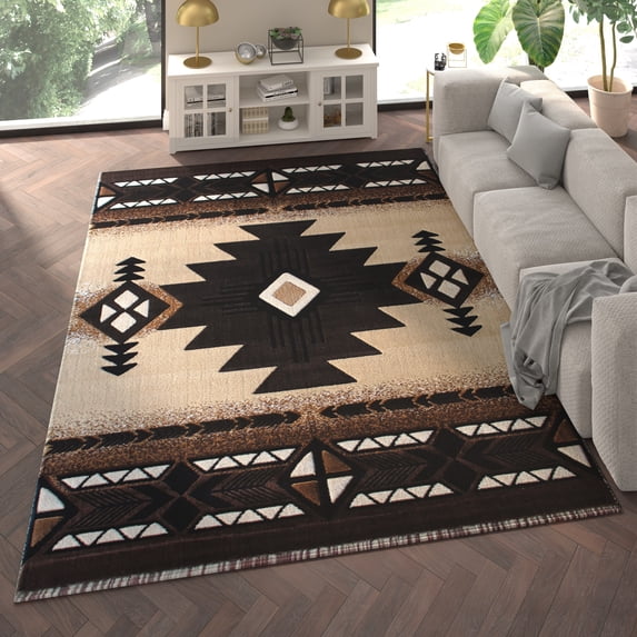 Emma + Oliver Fe 8x10 Berber Olefin Accent Rug with Complementary Southwestern Pattern in Beige, Black and Brown and Jute Backing
