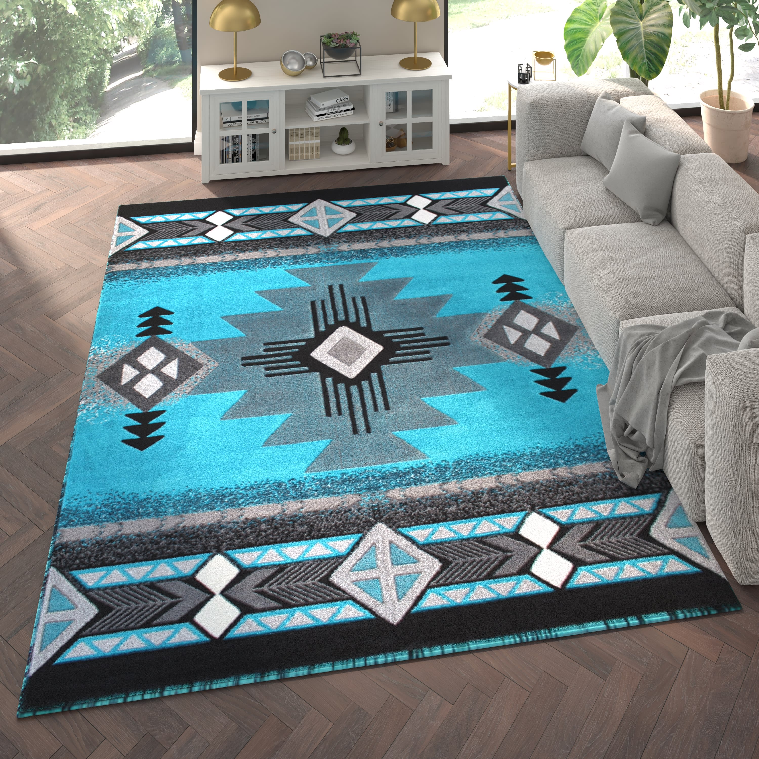 Emma + Oliver Fe 8x10 Turquoise Olefin Accent Rug with Complementary ...