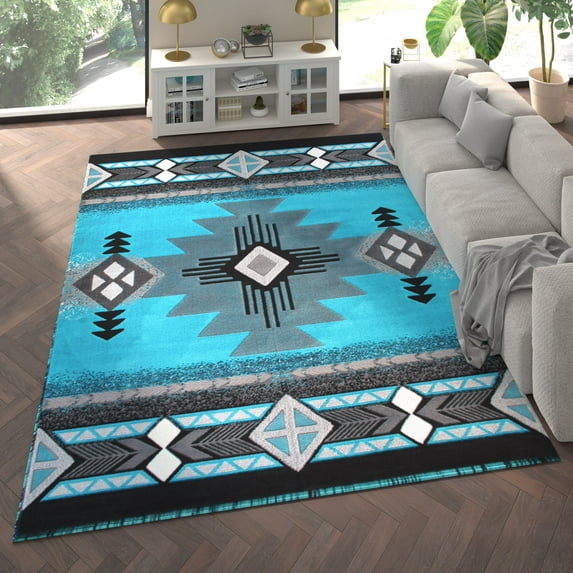 Emma + Oliver Fe 8x10 Turquoise Olefin Accent Rug with Complementary Southwestern Pattern in Beige, Black and Brown and Jute Backing