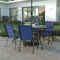 thumbnail image 1 of Emma + Oliver Five Piece Patio Table Set with 31.5" x 55" Metal Table with Tempered Glass Top and 4 Navy Flex Comfort Stacking Chairs, 1 of 11