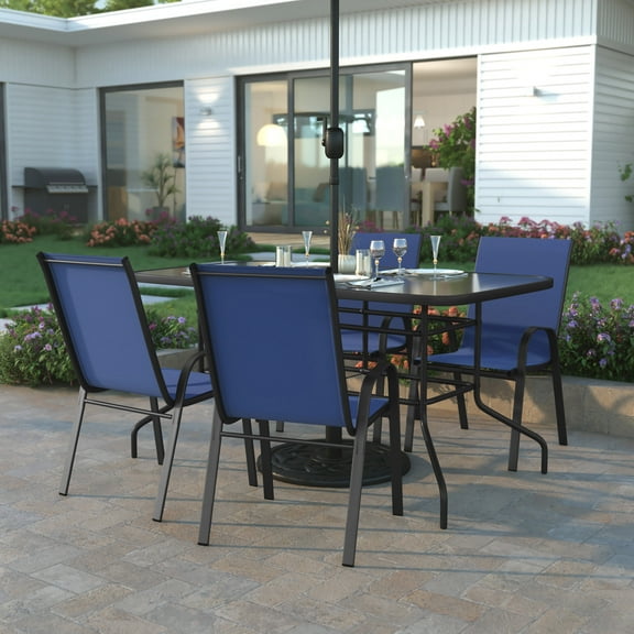 Emma + Oliver Five Piece Patio Table Set with 31.5" x 55" Metal Table with Tempered Glass Top and 4 Navy Flex Comfort Stacking Chairs