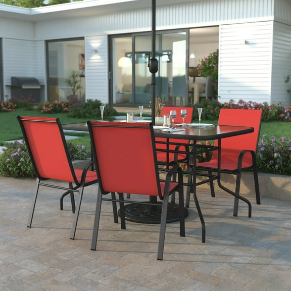 Emma + Oliver Five Piece Patio Table Set with 31.5" x 55" Metal Table with Tempered Glass Top and 4 Red Flex Comfort Stacking Chairs