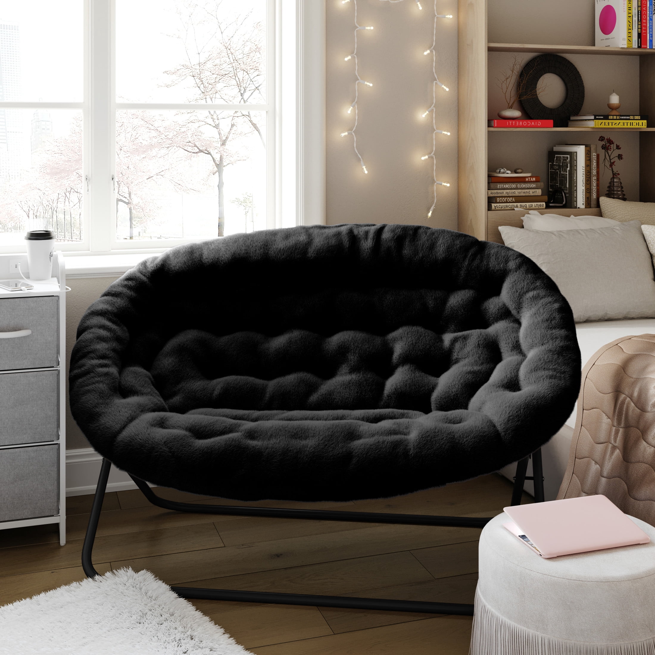 Emma + Oliver Folding Double Saucer Chair in Black Faux Fur with a