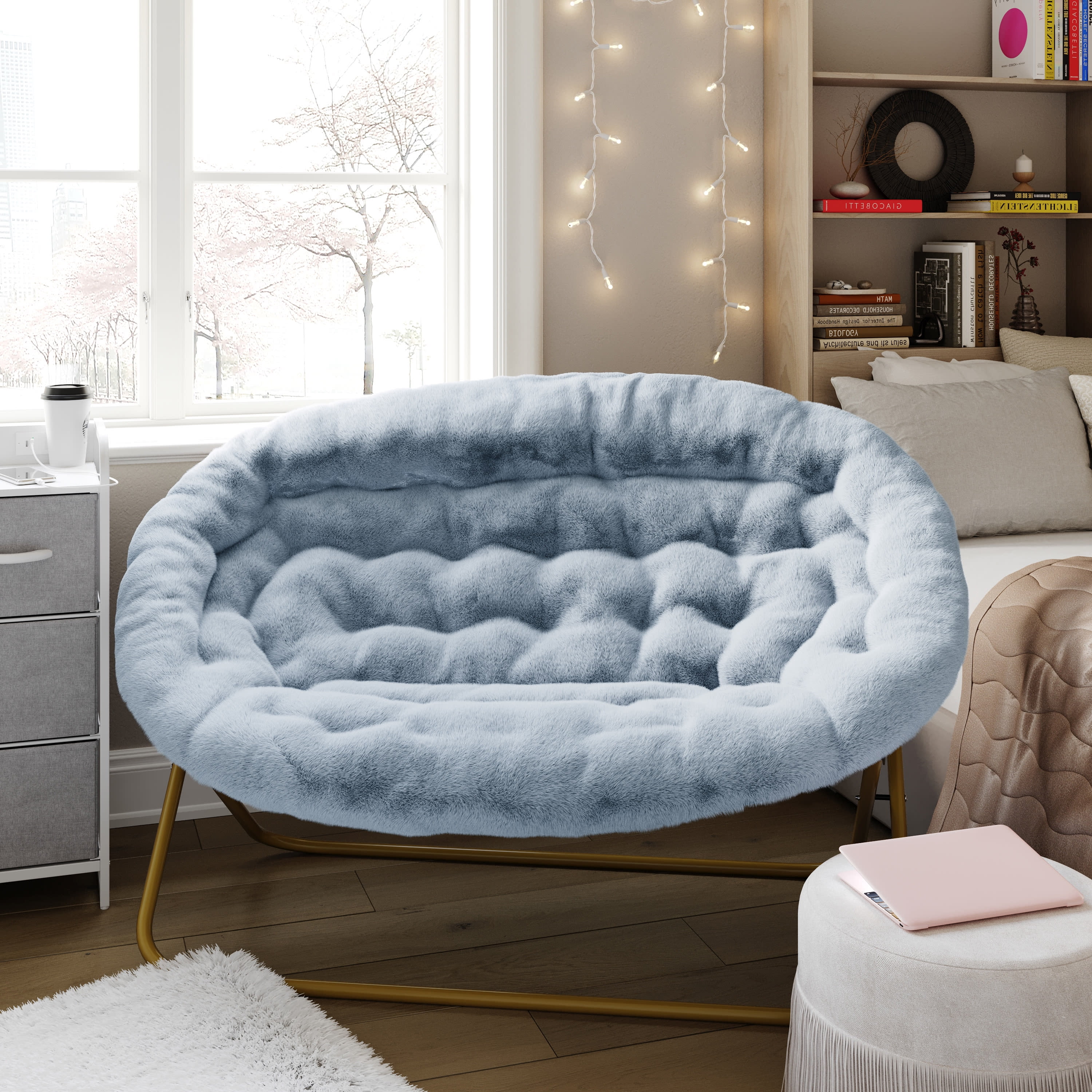 Emma + Oliver Folding Double Saucer Chair in Dusty Aqua Faux Fur with a