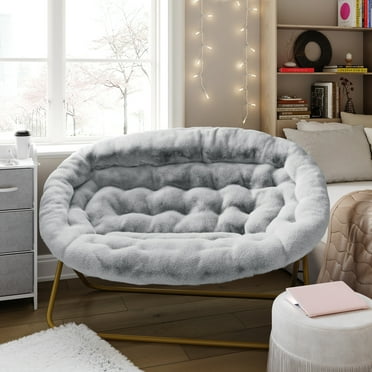 Emma + Oliver Folding Double Saucer Chair in Gray Faux Fur with a Soft Gold Steel Frame for Dorm, Living Room, or Bedroom
