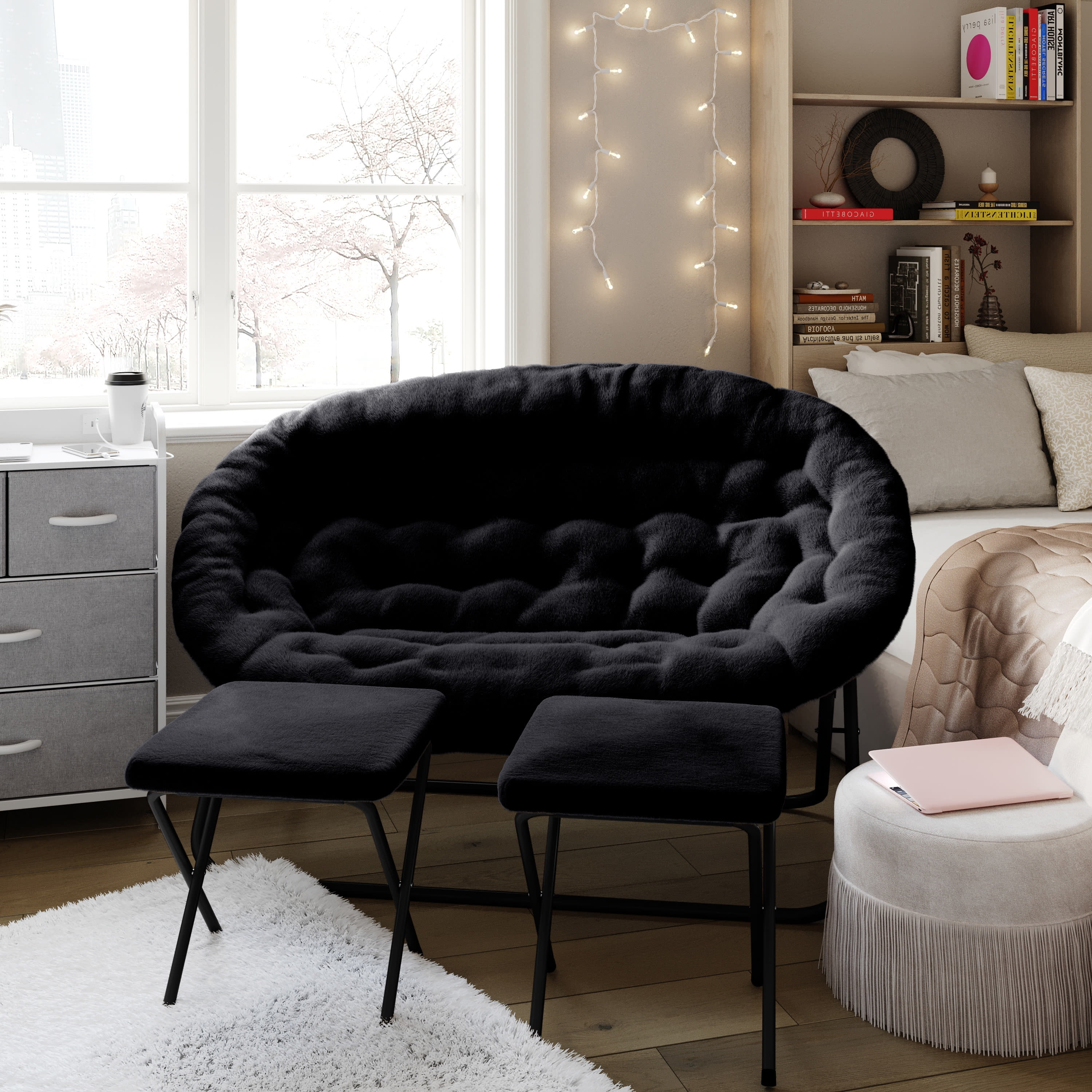 Emma + Oliver Folding Double Saucer Chair with 2 Ottomans Black