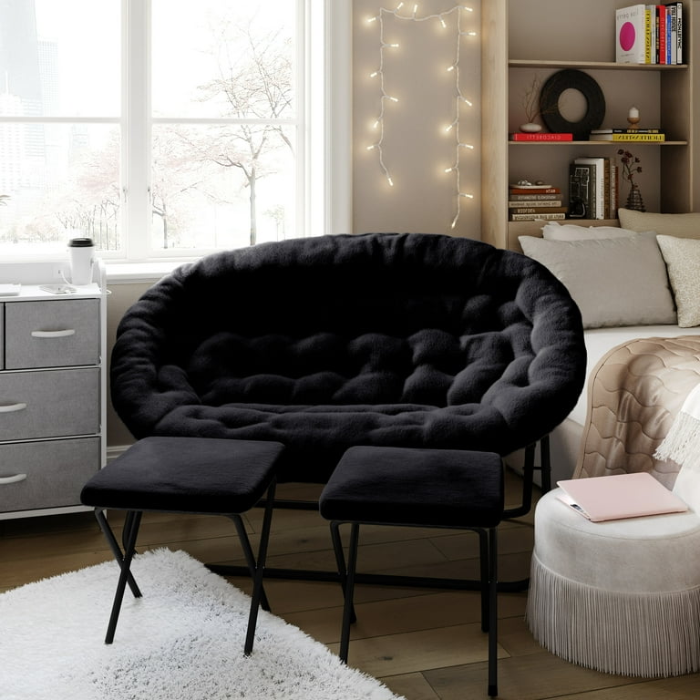 Emma Oliver Folding Double Saucer Chair with Ottomans Black