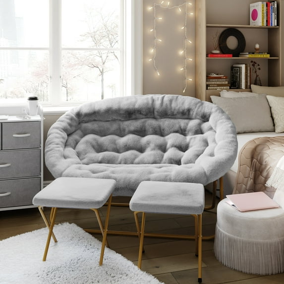 Emma + Oliver Folding Double Saucer Chair with 2 Ottomans Gray Faux Fur with a Soft Gold Steel Frame for Dorm or Bedroom
