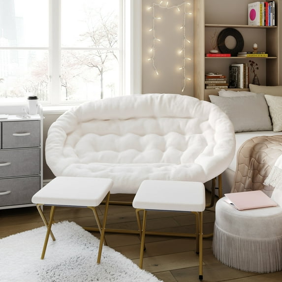 Emma + Oliver Folding Double Saucer Chair with 2 Ottomans Ivory Faux Shearling with a Soft Gold Steel Frame for Dorm or Bedroom