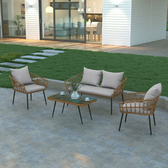 Emma Oliver Four Piece Indoor/Outdoor Boho Open Weave Natural Rattan Rope Patio Set with Two Chairs, Loveseat and Table with Gray Cushions