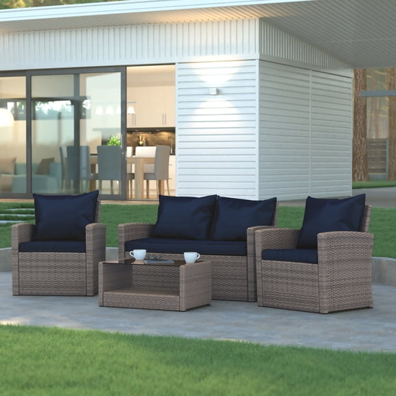 Emma Oliver Four Piece Patio Set with Steel Frames with Gray Woven Rattan Detailing and Navy Back and Seat Cushions