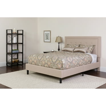 Emma + Oliver Full Panel Tufted Platform Bed/Mattress in Beige Fabric