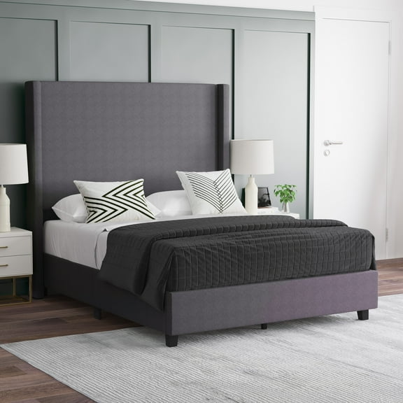 Emma + Oliver Full Size Faux Linen Upholstered Platform Bed in Gray with Plush Padded Wingback Headboard and Wood Support Slats - No Box Spring Needed