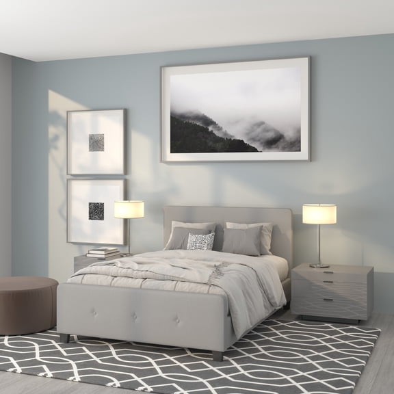 Emma + Oliver Full Size Three Button Tufted Platform Bed in Light Gray Fabric
