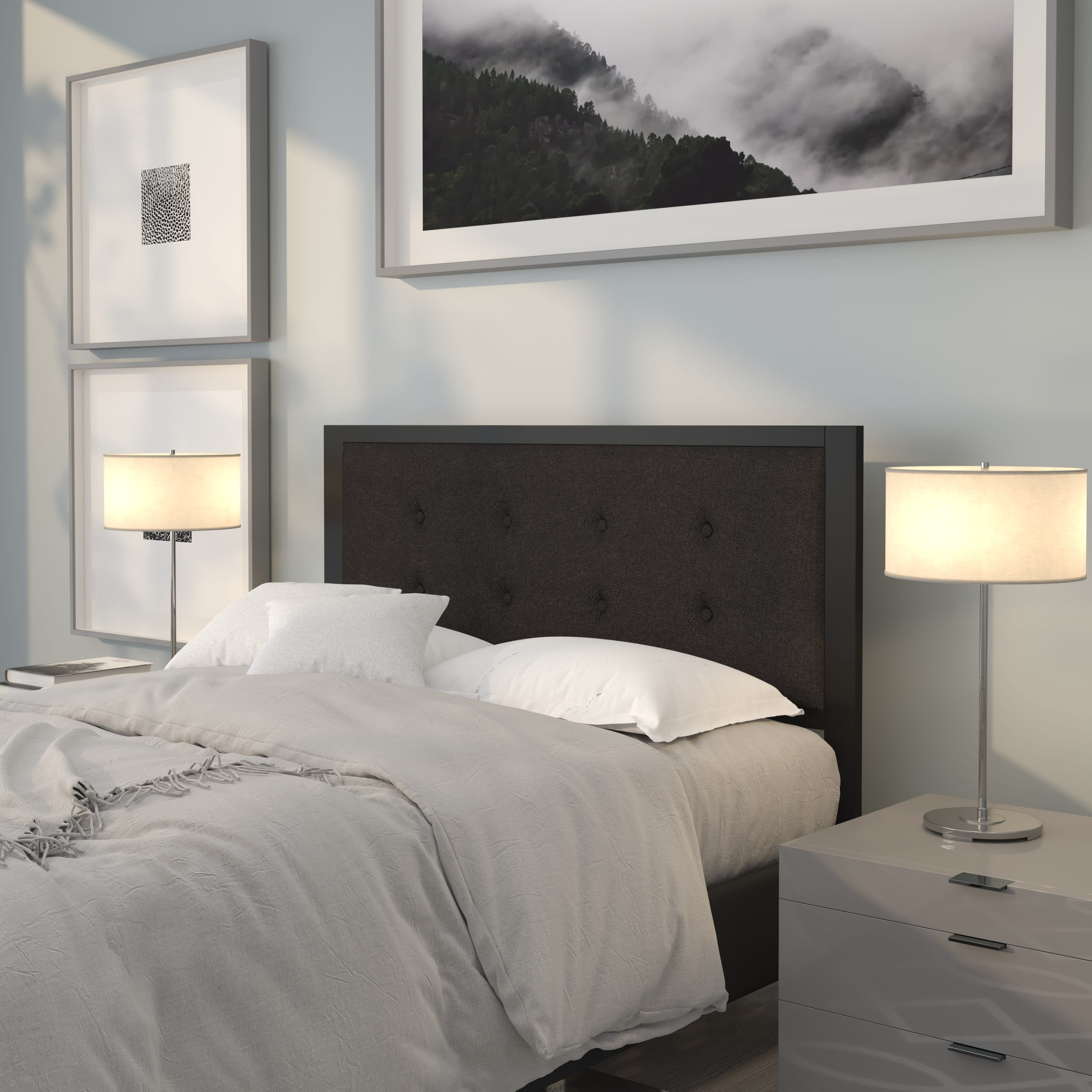 Emma + Oliver Full Size Upholstered Metal Panel Headboard in Tufted Black Fabric
