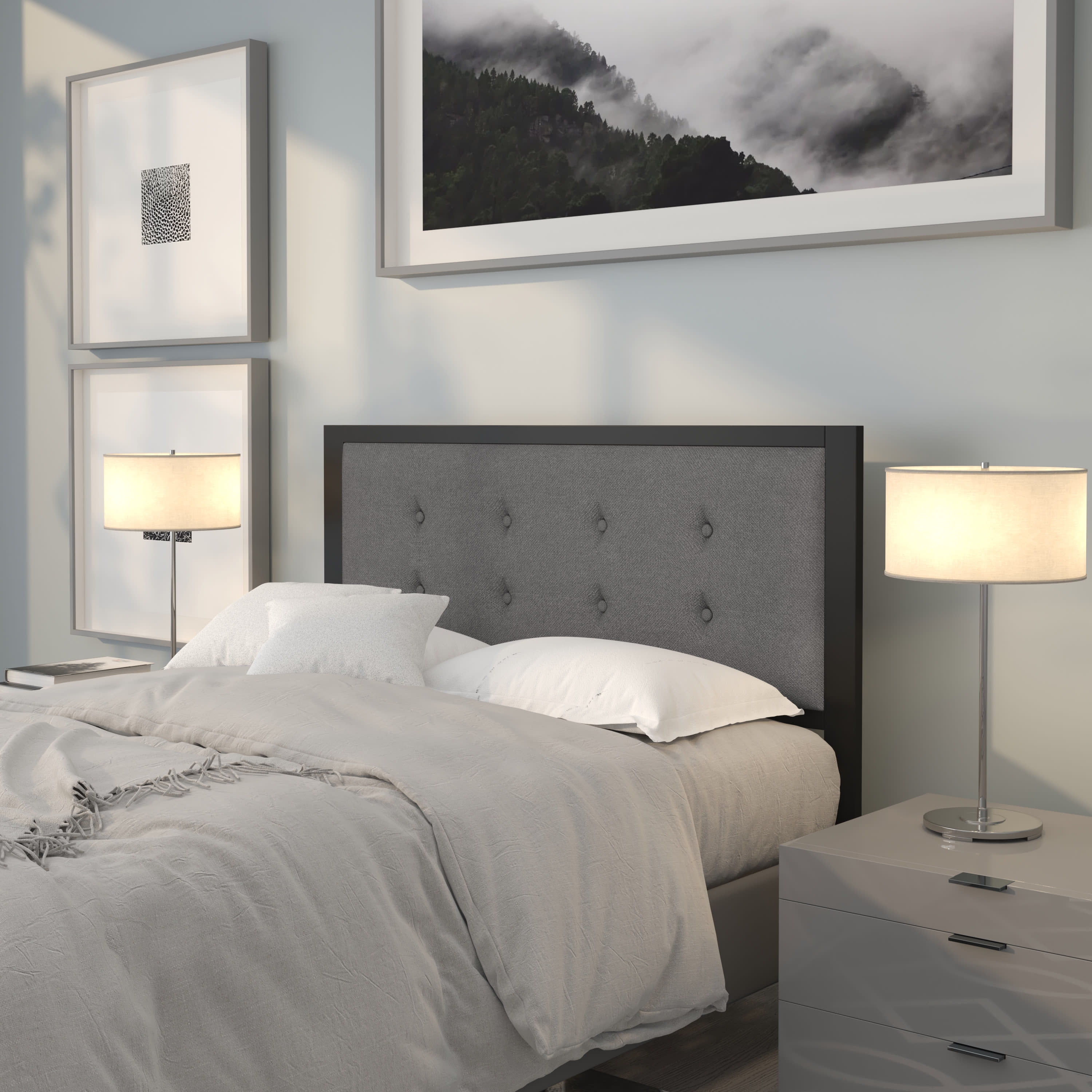 Emma + Oliver Full Size Upholstered Metal Panel Headboard in Tufted Dark Gray Fabric