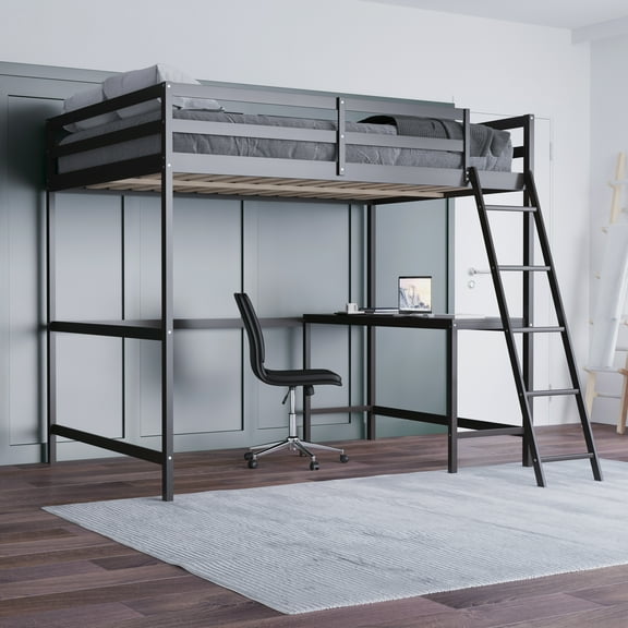 Emma + Oliver Full Wood Loft Bed Frame with Protective Guardrails and Integrated Desk and Ladder in Espresso for Use with Any 6-8" Thick Mattress