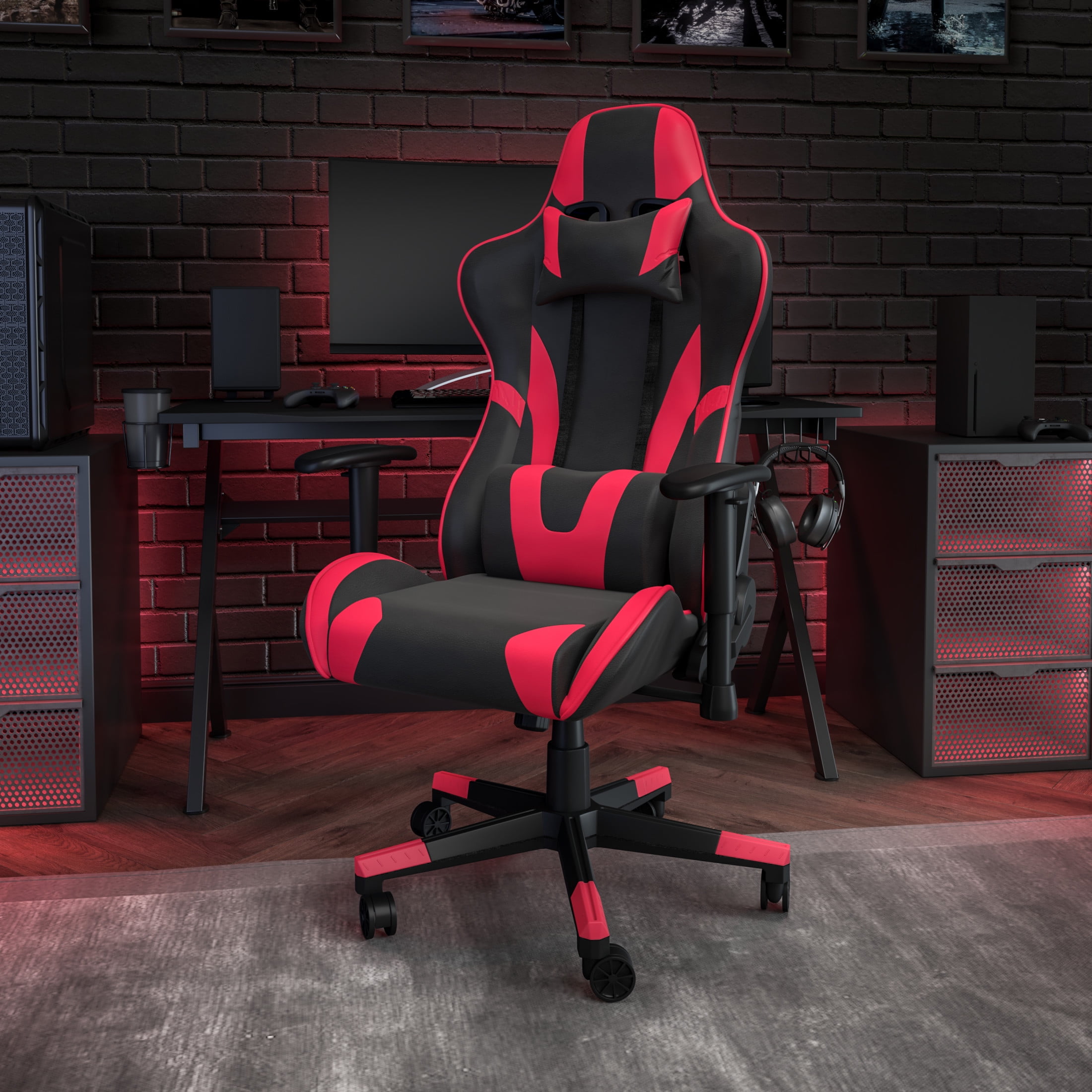 Emma + Oliver Fully Reclining Racing Gaming Ergonomic Chair, Red LeatherSoft