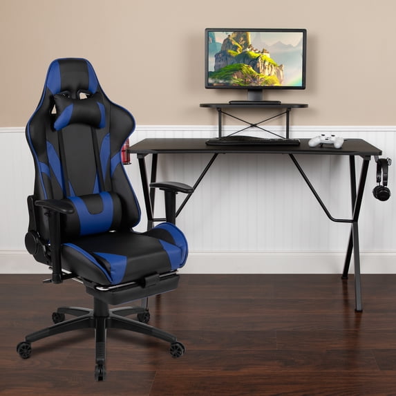 Emma + Oliver Gaming Bundle-Cup/Headphone Desk & Blue Reclining Footrest Chair