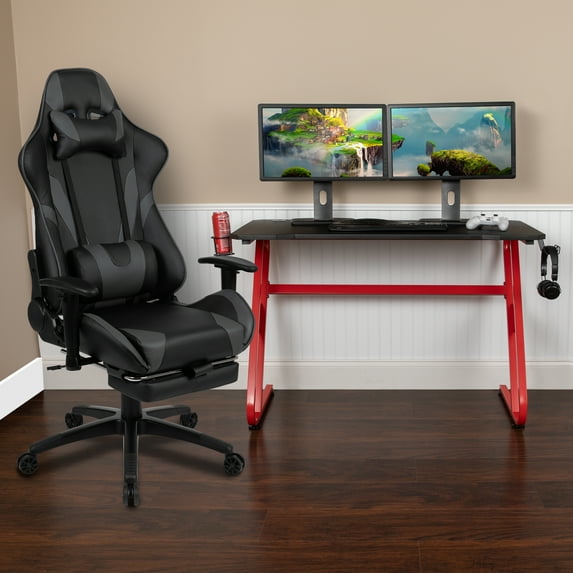 Emma + Oliver Gaming Bundle-Cup/Headphone Desk & Gray Reclining Footrest Chair