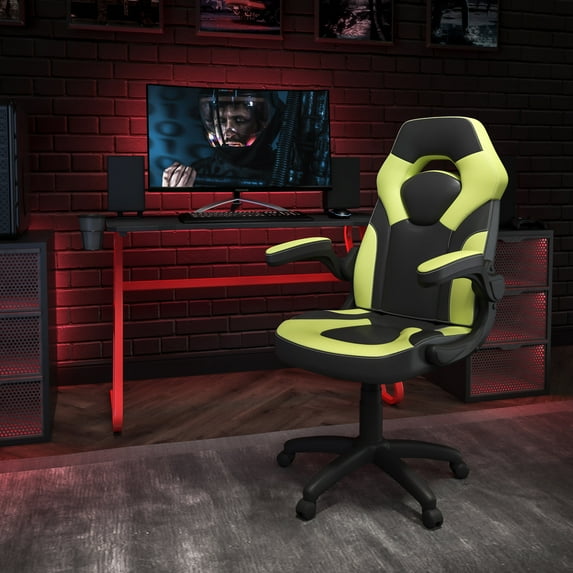 Emma + Oliver Gaming Bundle-Red Desk, Cup Holder, Headphone Hook and Green Chair