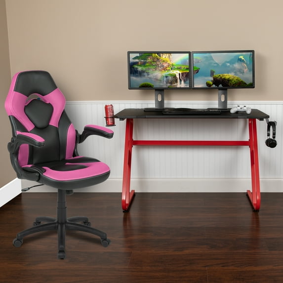 Emma + Oliver Gaming Bundle-Red Desk, Cup Holder, Headphone Hook and Pink Chair