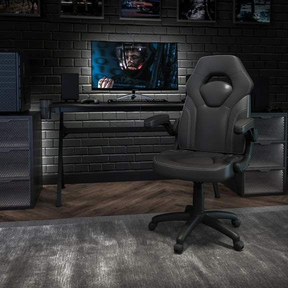 Emma + Oliver Gaming Racing PC Chair with Flip-up Arms, Black LeatherSoft
