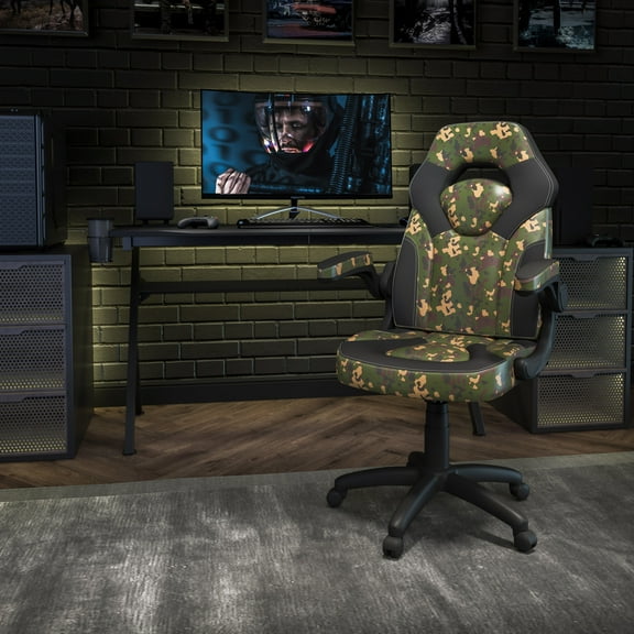 Emma + Oliver Gaming Racing PC Chair with Flip-up Arms, Camouflage/Black LeatherSoft