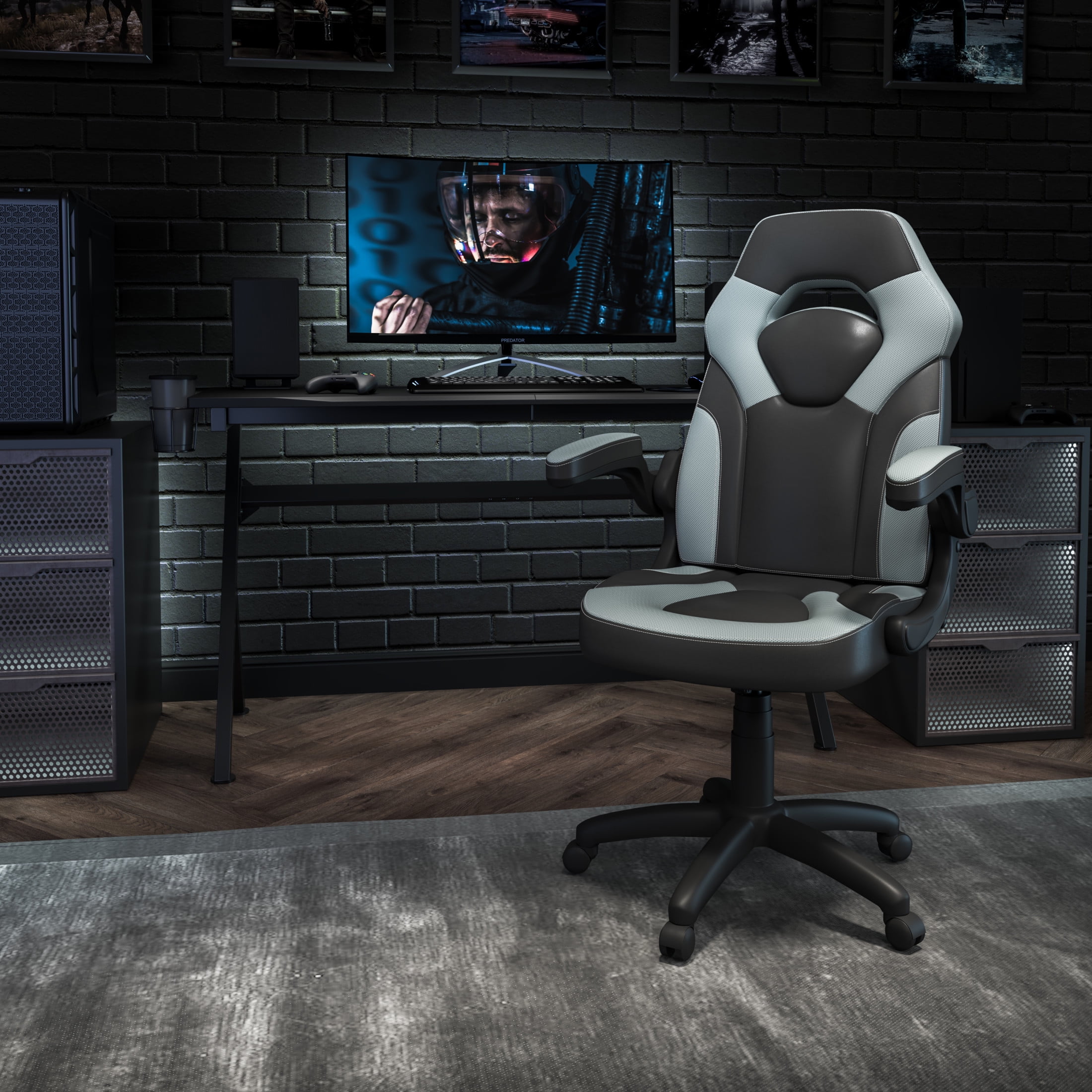 Emma + Oliver Gaming Racing PC Chair with Flip-up Arms, Gray/Black LeatherSoft