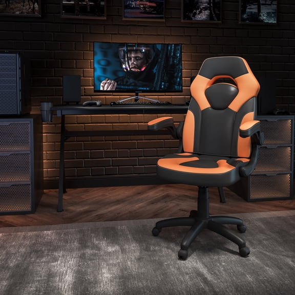 Emma + Oliver Gaming Racing PC Chair with Flip-up Arms, Orange/Black LeatherSoft