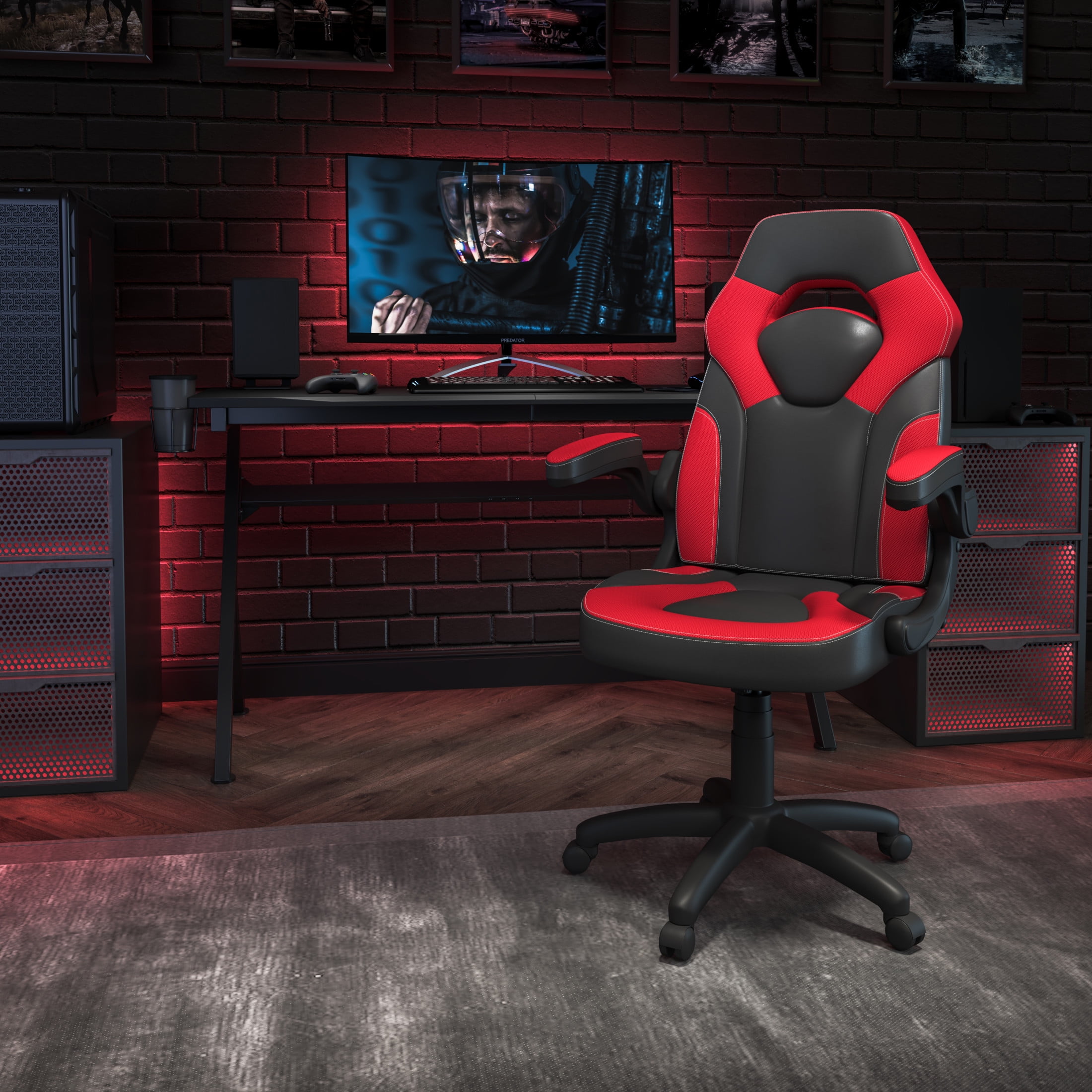 Emma + Oliver Gaming Racing PC Chair with Flip-up Arms, Red/Black LeatherSoft