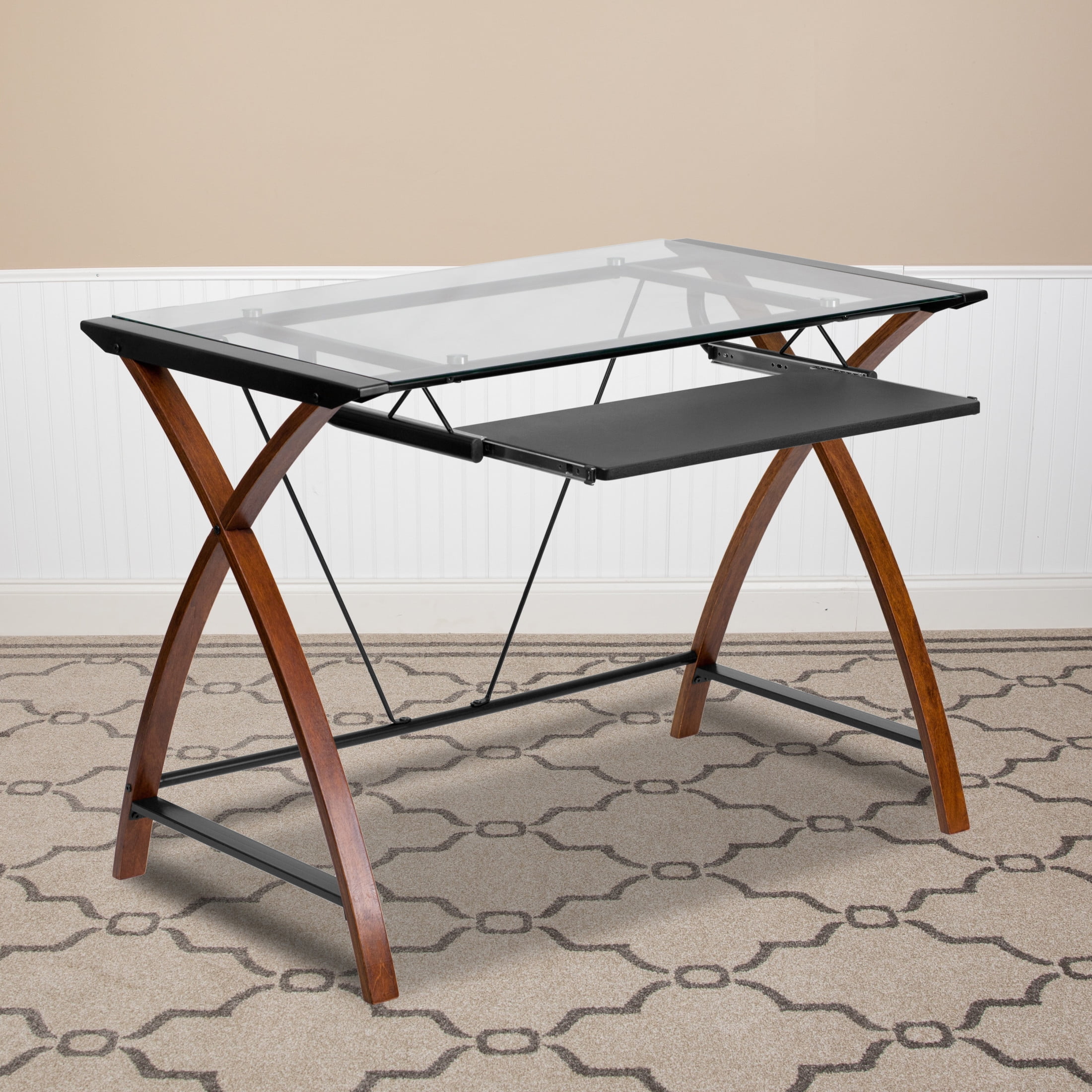 Emma + Oliver Glass Computer Desk with Pull-Out Keyboard Tray