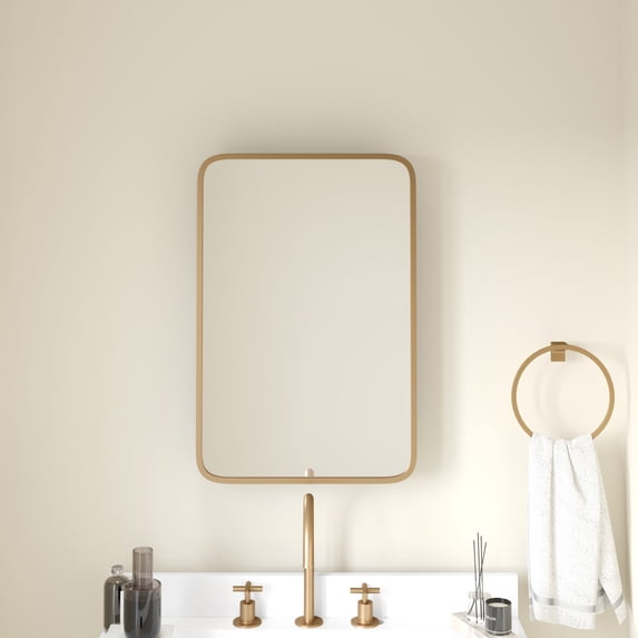 Emma + Oliver Gold Metal Framed Bathroom Medicine Cabinet with Reversible, Recessed Design and Beveled Rounded Mirror - 16" x 24"