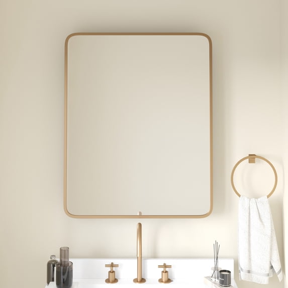 Emma + Oliver Gold Metal Framed Bathroom Medicine Cabinet with Reversible, Recessed Design and Beveled Rounded Mirror - 24" x 30"