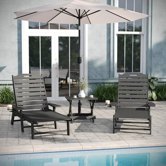 Emma + Oliver Gray 3-Piece Indoor/Outdoor Set with 2 Poly Resin Adjustable Adirondack Loungers with Swivel Cup Holders and Folding Side Table