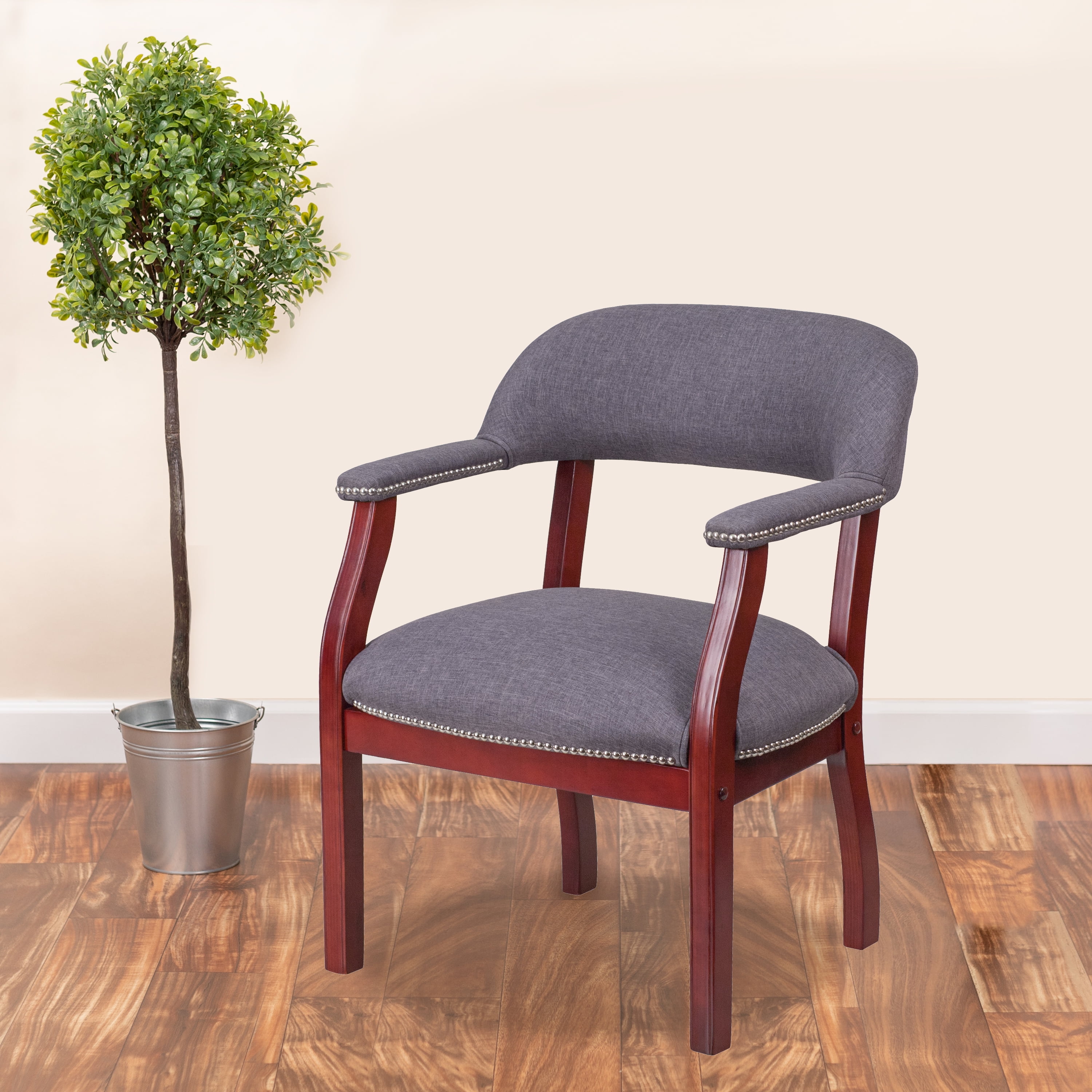 Gray Fabric and Wood Conference Chair with Nail Trim