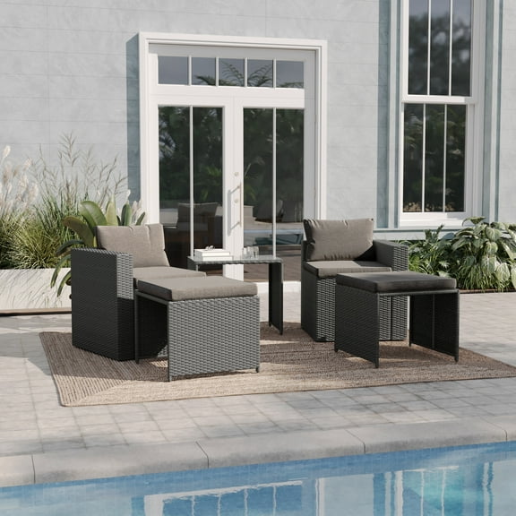 Emma + Oliver Gray Indoor/Outdoor Modular Loveseat Sofa Set with Ottomans and Glass-Top Table