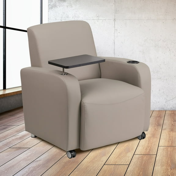 Emma + Oliver Gray LeatherSoft Tablet Arm Chair, Chrome Legs and Cup Holder