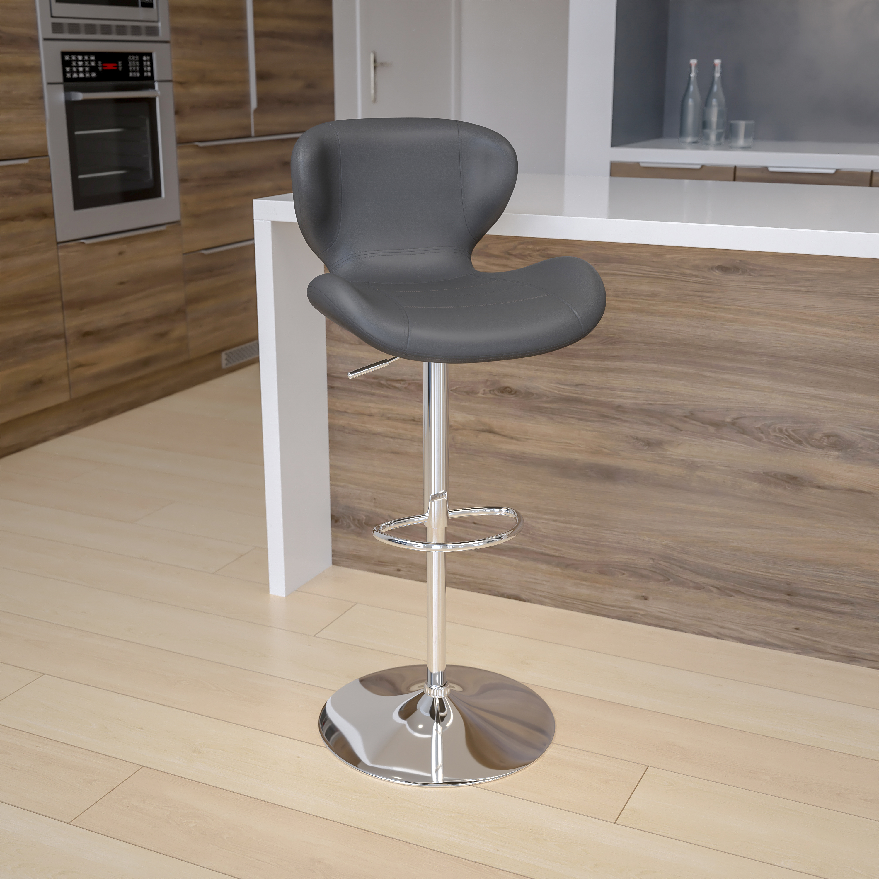 Emma + Oliver Adjustable Height Curved Back Bar Stool, Gray Vinyl