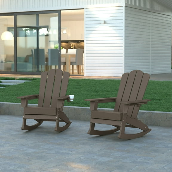 Emma + Oliver Set of 2 Adirondack Rocking Chairs with Cup Holders, Weather Resistant HDPE Adirondack Rocking Chairs in Brown