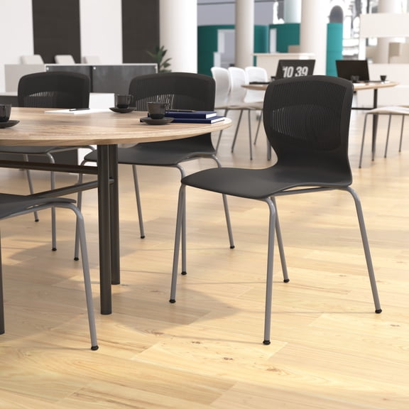 Emma + Oliver Heavy Duty 770 lb. Capacity Black Ergonomic Polypropylene Stack Chair with Lumbar Support and Silver Steel Frame
