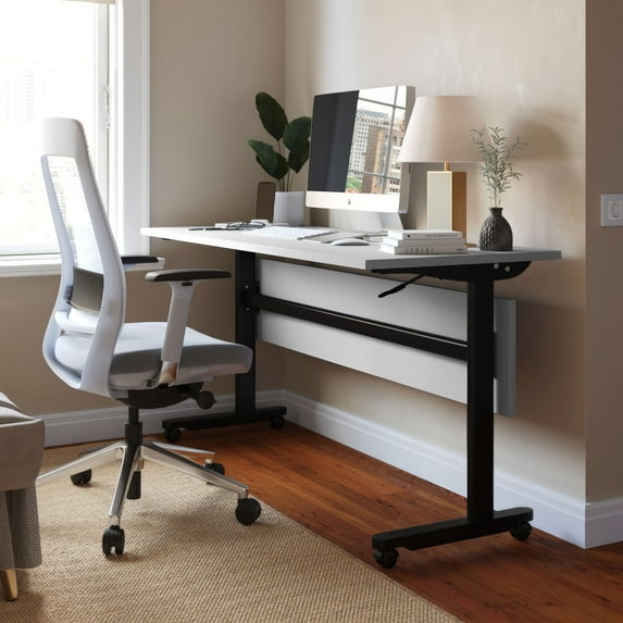 Emma + Oliver Heavy-Duty Flip Top Training Table with Nesting Design, Privacy Panel, T-Legs, 1" Gray Tabletop, Black Metal Frame - 60" x 24"